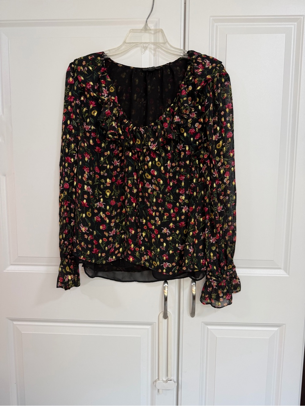 J. Crew Black Floral Ruffle V-Neck Blouse